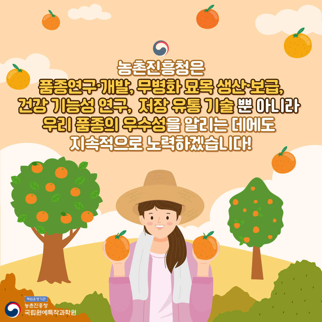 농촌진흥청은 품종연구·개발, 무병화 묘목 생산·보급, 건강 기능성 연구, 저장 유통 기술 뿐 아니라 우리 품종의 우수성을 알리는 데에도 지속적으로 노력하겠습니다! 책임운영기관 농촌진흥청 국립원예특작과학원