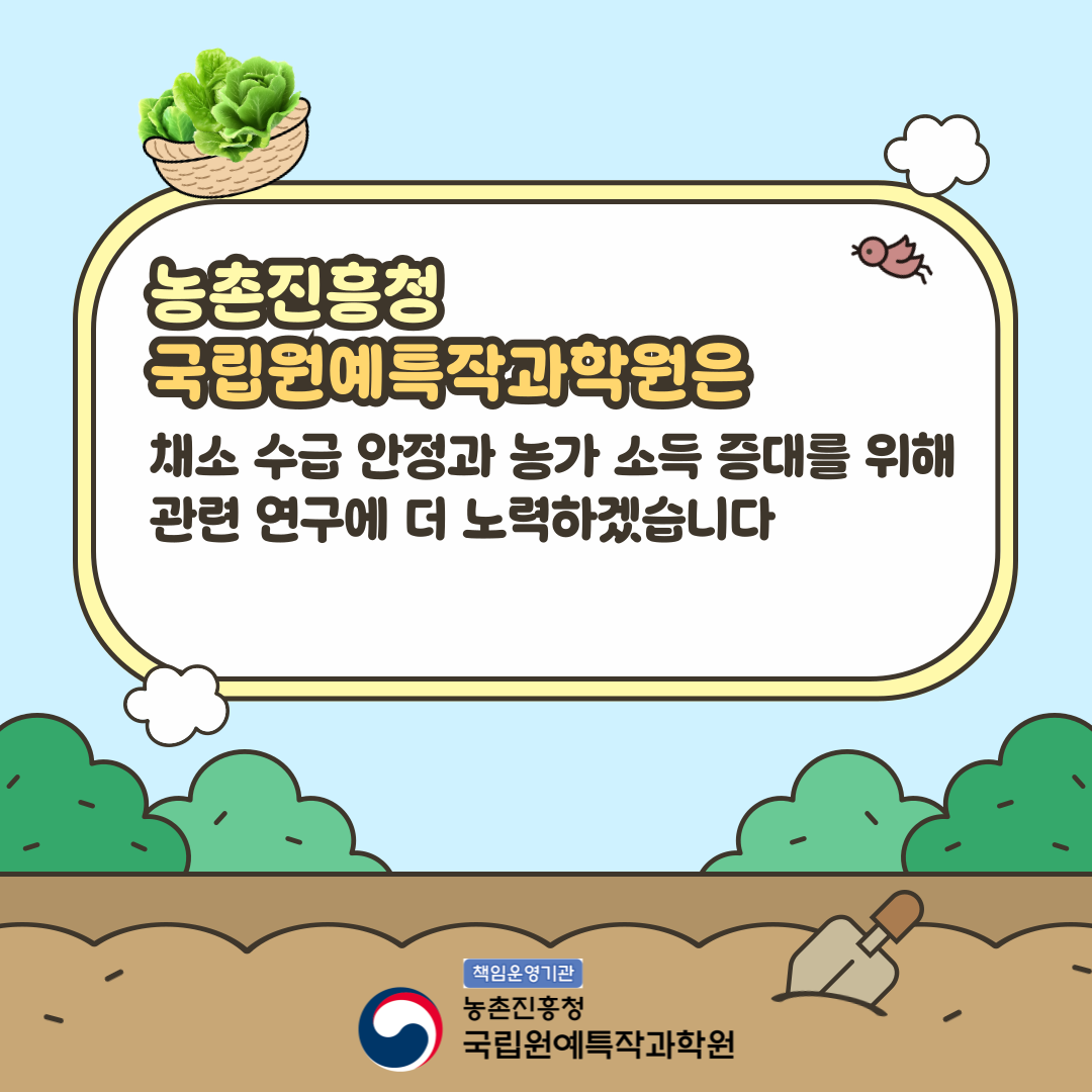 농촌진흥청 국립원예특작과학원은 채소 수급 안정과 농가 소득 증대를 위해 관련 연구에 더 노력하겠습니다. 책임운영기관 농촌진흥청 국립원예특작과학원
