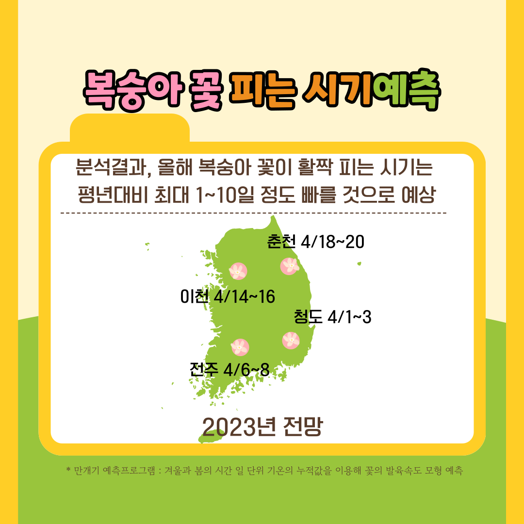복숭아 꽃 피는 시기예측 분석결과, 올해 복숭아 꽃이 활짝 피는 시기는 평년대비 최대 1~10일 정도 빠를 것으로 예상 춘천 4/18~20 이천 4/14~16 청도 4/1~3 전주 4/6~8 2023년 전망 만개기 예측프로그램: 겨울과 봄의 시간 일 단위 기온의 누적값을 이용해 꽃의 발육속도 모형 예측 