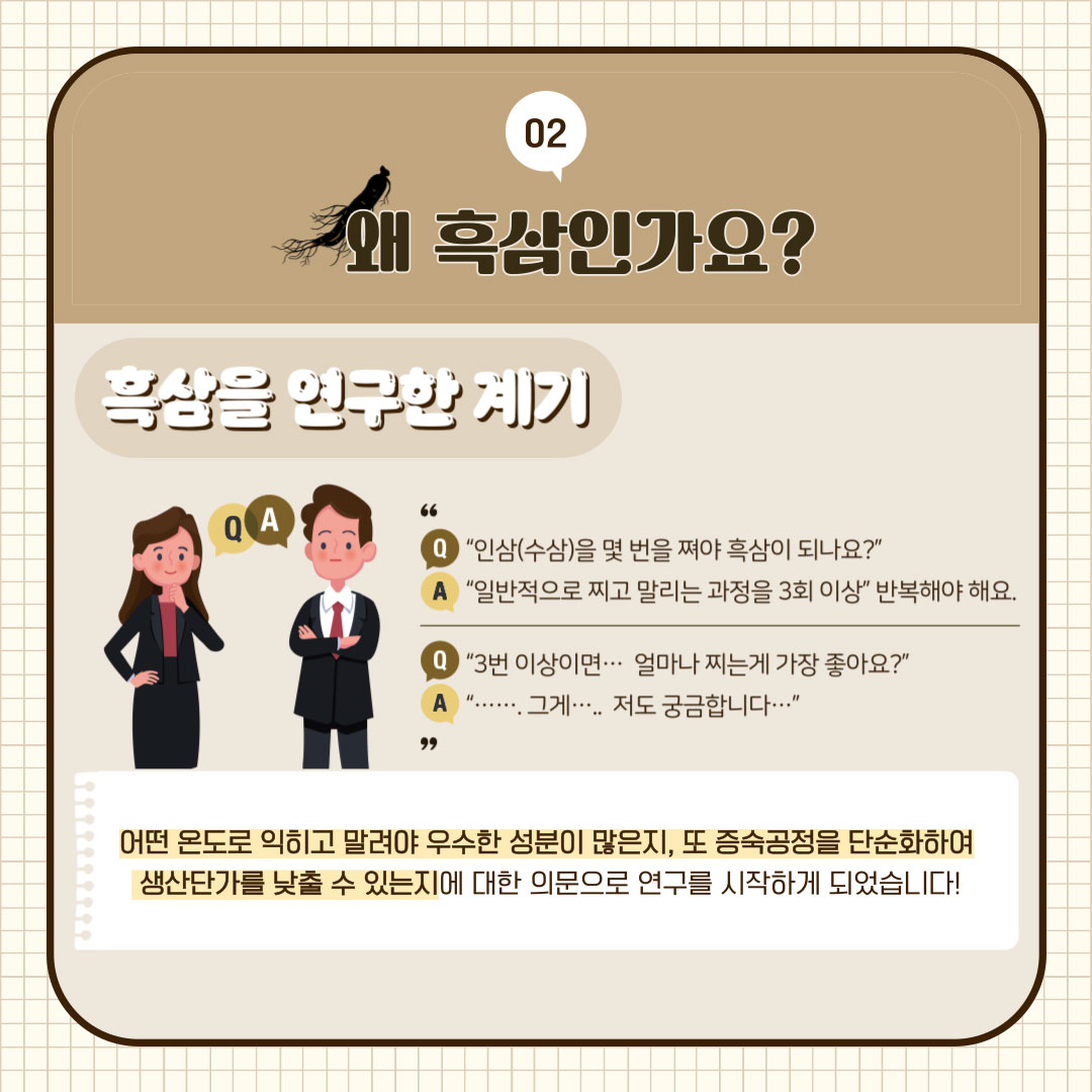 02 왜 흑심인가요? 흑삼을 연구한 계기 Q. 인삼(수삼)을 몇 번을 쪄야 흑삼이 되나요? A. 일반적으로 찌고 말리는 과정을 3회 이상 반복해야 해요. Q. 3번 이상이면... 얼마나 찌는게 가장 좋아요? A....그게...저도 궁금합니다... 어떤 온도로 익히고 말려야 우수한 성분이 많은지, 또 증숙공정을 단순화하여 생산단가를 낮출 수 있는지에 대한 의문으로 연구를 시작하게 되었습니다!