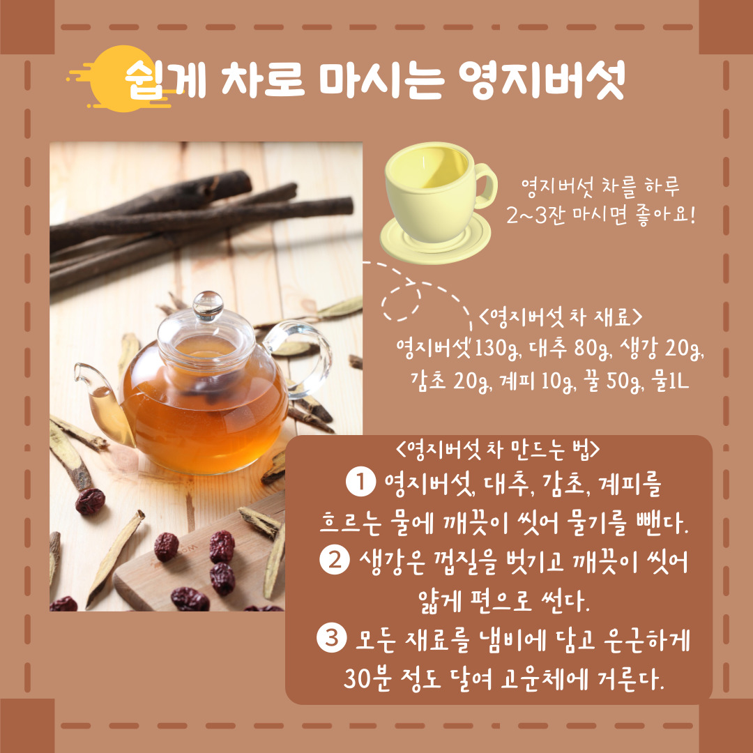 쉽게 차로 마시는 영지버섯 영지버섯 차를 하루 2~3잔 마시면 좋아요! 영지버섯 차 재료 영지버섯 130g, 대추 80g, 생강 20g, 감초 20g, 계피 10g, 꿀 50g, 물 1L 영지버섯 차 만드는 법 1. 영지버섯, 대추, 감초, 계피를 흐르는 물에 깨끗이 씻어 물기를 뺀다. 2. 생강은 껍질을 벗기고 깨끗이 씻어 얇게 편으로 썬다. 3. 모든 재료를 냄비에 담고 은근하게 30분 정도 달여 고운체에 거른다. 