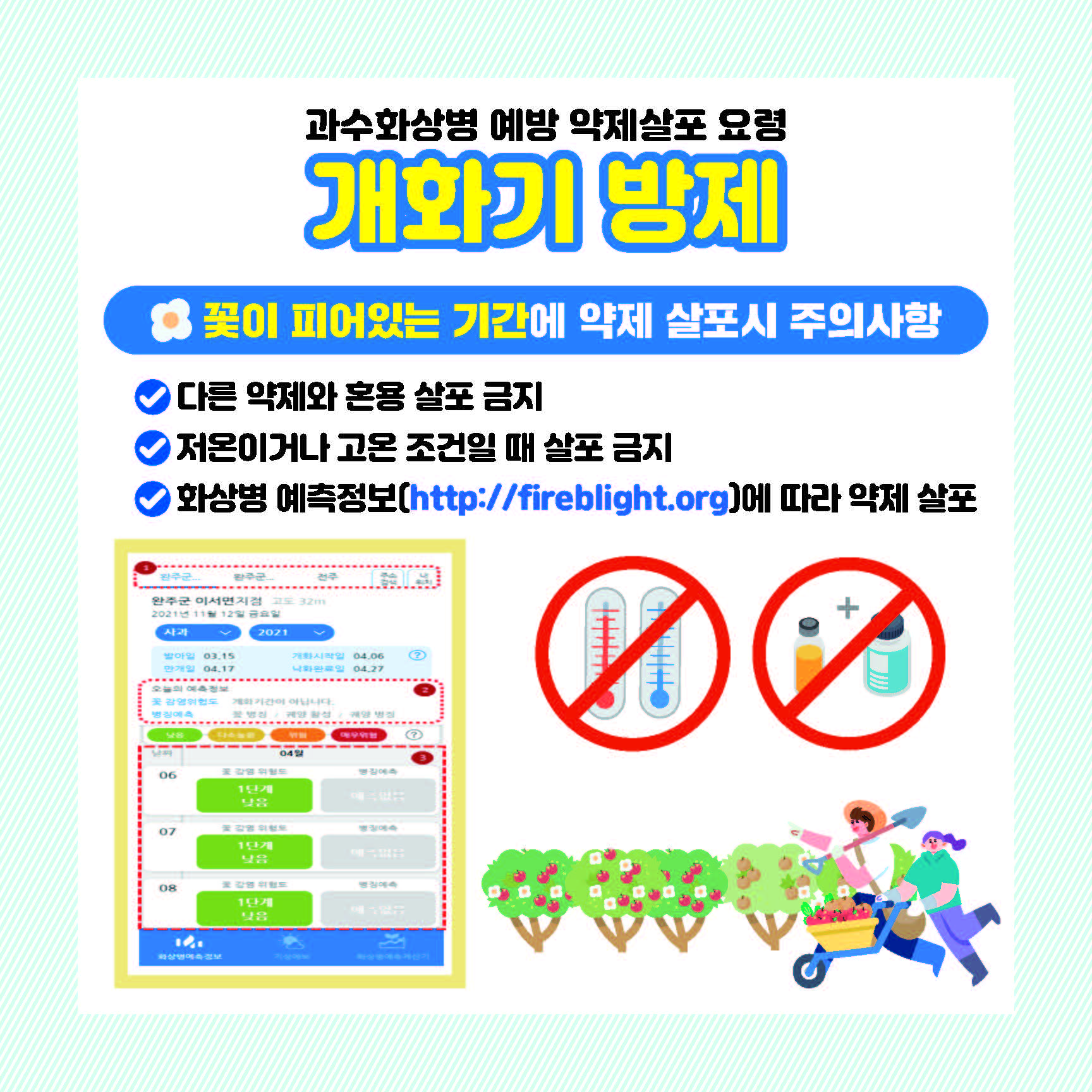 과수화상병 예방 약제살포 요령 개화기 방제 꽃이피어있는 기간에 약제 살포시 주의사항 다른 약제와 혼용 살포 금지, 저온이거나 고온 조건일 때 살포 금지, 화상병 예측정보(http://fireblight.org)에 따라 약제 살포
