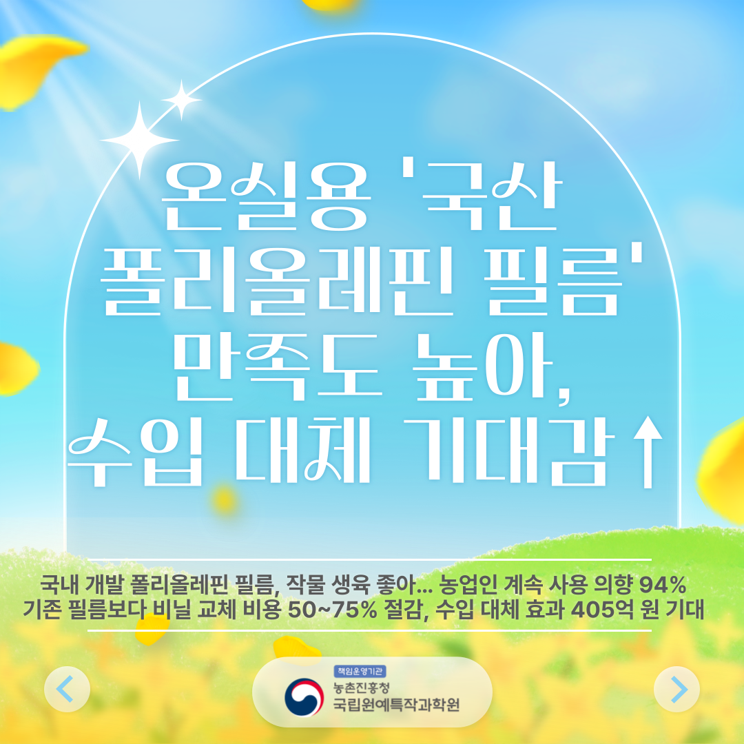 온실용 '국산 폴리올레핀 필름' 만족도 높아, 수입 대체 기대감↑ 국내 개발 폴리올레핀 필름, 작물 생육 좋아... 농업인 계속 사용 의향 94% 기존 필름보다 비닐 교체비용 50~70% 절감, 수입 대체 효과 405억원 기대 책임운영기관 농촌진흥청 국립원예특작과학원