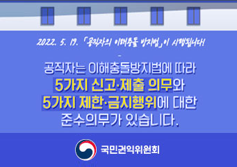 2022.5.19 공직자의 이해충돌 방지법이 시행됩니다! 공직자는 이해충돌방지법에 따라 5가지 신고·제출 의무와 5가지 제한·금지행위에 대한 준무의무가 있습니다. 국민권익위원회 