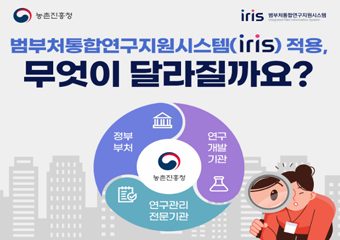 농촌진흥청 iris 범부처통합연구지원시스템 범부처통합연구지원시스템(iris)적용, 무엇이 달라질까요? 정부부처 연구개발기관 연구관리전문기관 농촌진흥청 정부부처이자 여구관리전문기관, 연구개발기관인 농촌진흥청 공동연구과제 관리의 변화되는 내용은...