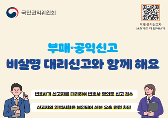 국민권익위원회 부패·공익신고 비실명 대리신고와 함께 해요 변호사가 신고자를 대리하여 변호사 명의로 신고 접수 신고자의 인적사항은 봉인되어 신분 유출 원천 차단 부패·공익신고자 보호제도 더 알아보기 