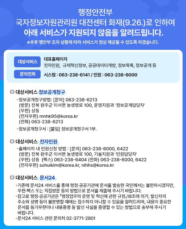 행정안전부 국가정보자원관리원 대전센터 화재(9.26.)로 인하여 아래 서비스가 지원되지 않음을 알려드립니다.