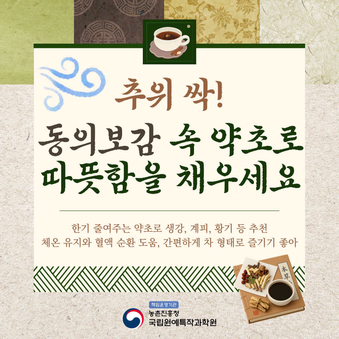추위 싹! 동의보감 속 약초로 따뜻함을 채우세요 한기 줄여주는 약초로 생강, 계피, 황기 등 추천 체온 유지와 혈액 순환 도움, 간편하게 차 형태로 즐기기 좋아 