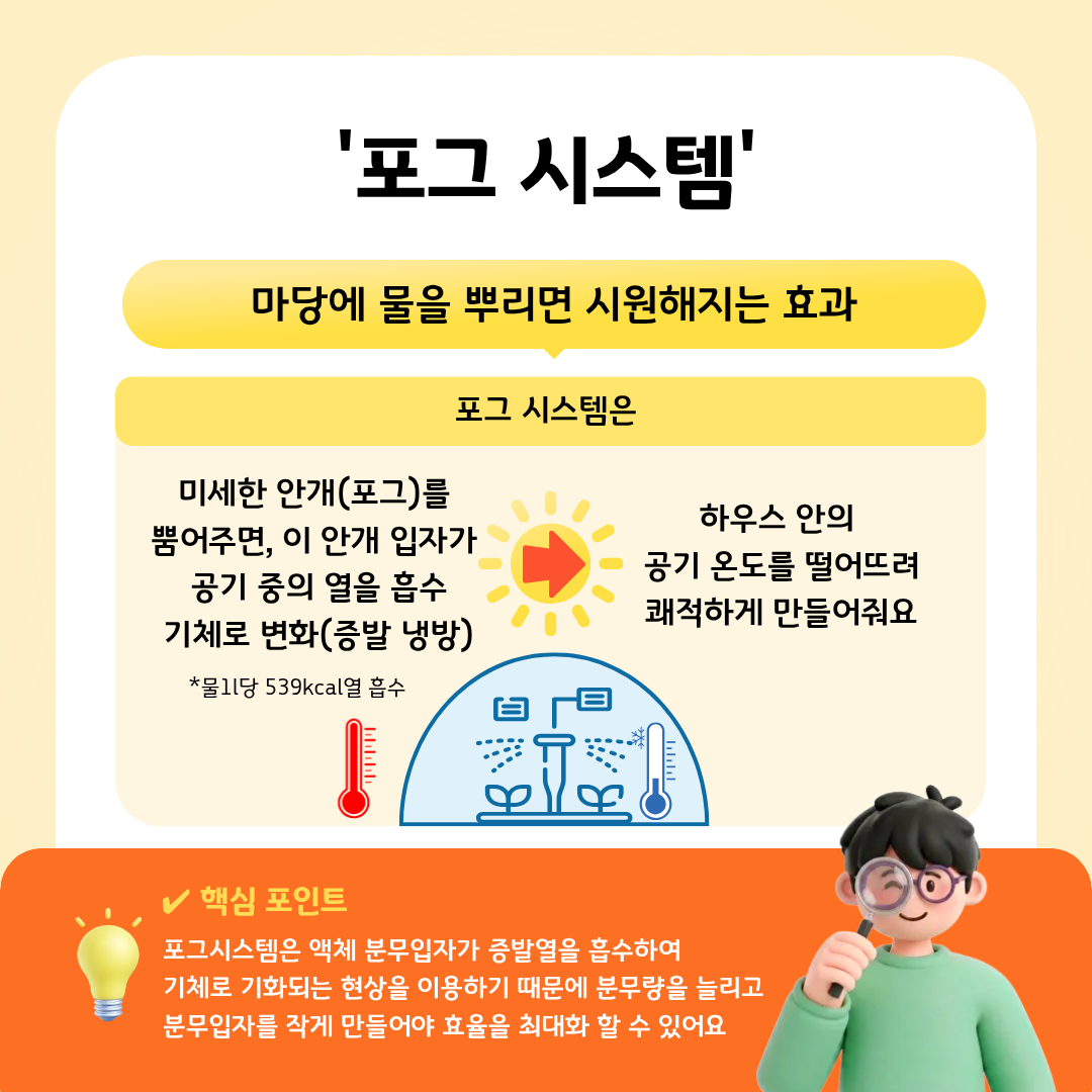 포그시스템 마당에 물을 뿌리면 시원해지는 효과 포그 시스템은 미세한 안개(포그)를 뿜어주면, 이 안개 입자가 공기 중의 열을 흡수 기체로 변화(증발 냉방)  → 하우스 안의 공기 온도를 떨어뜨려 쾌적하게 만들어줘요 *물1L당 539kcal 열 흡수 핵심포인트 포그시스템은 액체 분무입자가 증발열을 흡수하여 기체로 기화되는 현상을 이용하기 때문에 분무량을 늘리고 분무입자를 작게 만들어야 효율을 최대화 할 수 있어요