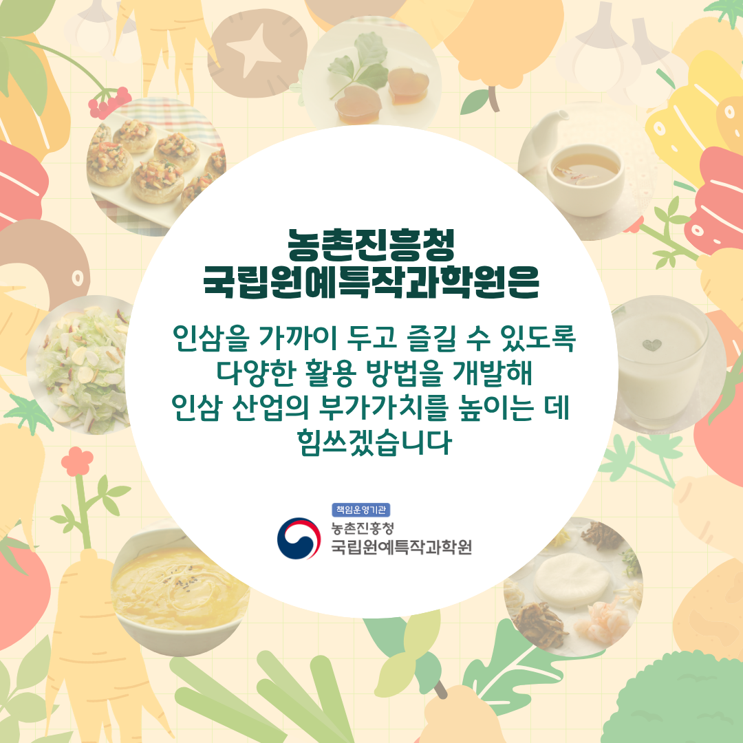 농촌진흥청 국립원예특작과학원은 인삼을 가까이 두고 즐길 수 있도록 다양한 활용 방법을 개발해 인삼 산업의 부가가치를 높이는 데 힘쓰겠습니다. 