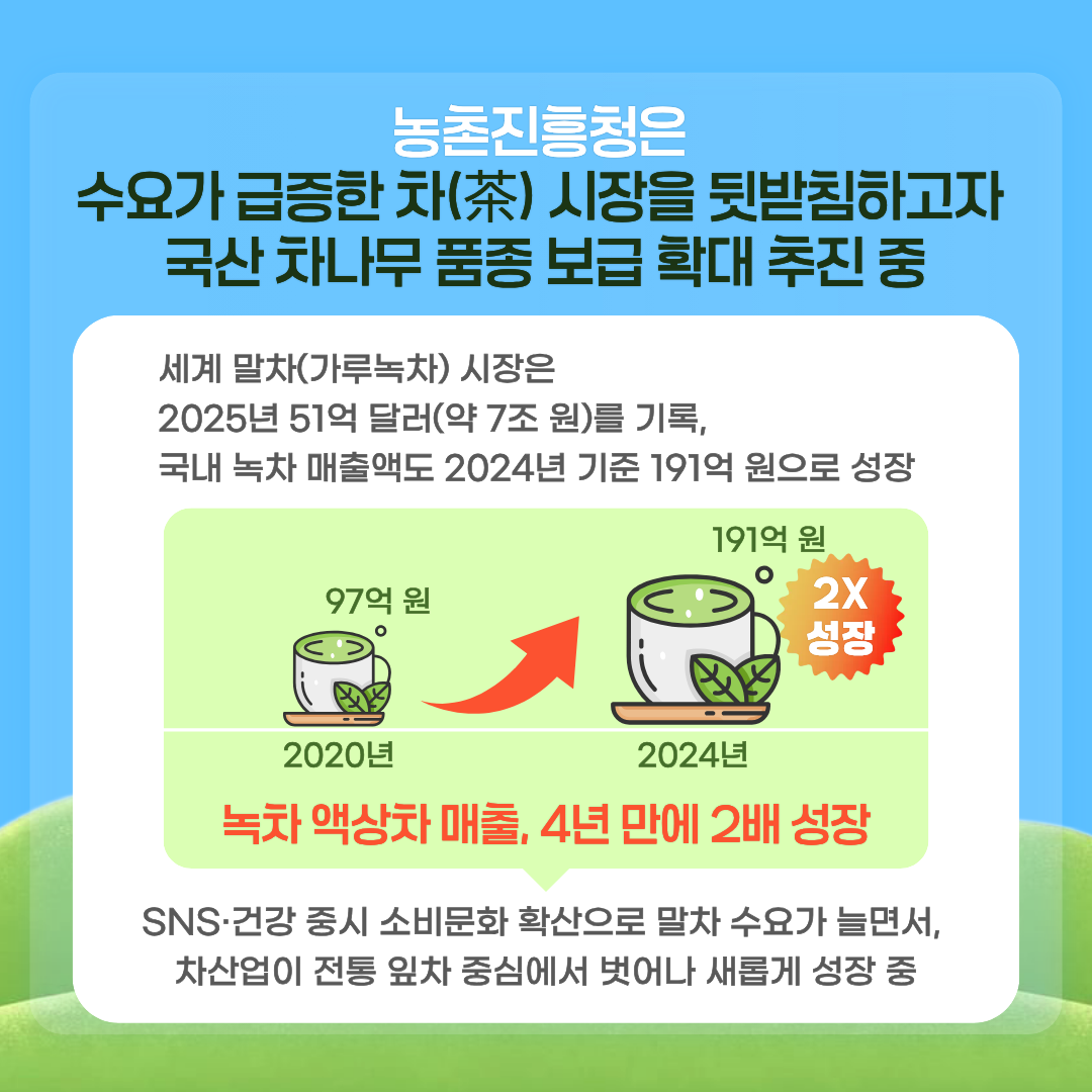 농촌진흥청은 수요가 급증한 차(茶) 시장을 뒷받침하고자 국산 차나무 품종 보급 확대 추진 중 세계 말차(가루 녹차) 시장은 2025년 51억 달러(약 7조 원)를 기록, 국내 녹차 매출액도 2024년 기준 191억 원으로 성장 2020년 97억 원 2024년 191억원 2X성장 녹차 액상차 매출, 4년 만에 2배 성장 SNS·건강 중시 소비문화 확산으로 말차 수요가 늘면서, 차산업이 전통 잎차 중심에서 벗언아 새롭게 성장 중